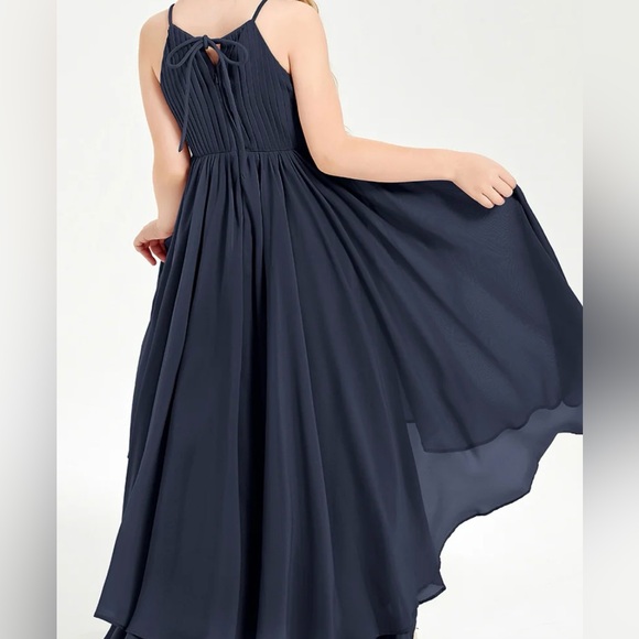 NWT Asymmetrical Chiffon Jr Bridesmaid Navy Dress Halter Spaghetti Straps Size 8 - Picture 16 of 16